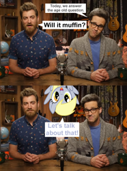 Size: 1605x2160 | Tagged: safe, edit, edited screencap, screencap, derpy hooves, human, good mythical morning, rhett and link, will it muffin?