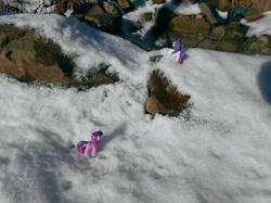 Size: 1383x1037 | Tagged: safe, artist:synch-anon, derpibooru import, rarity, twilight sparkle, irl, photo, snow, toy, winter