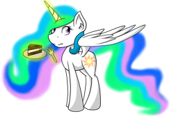 Size: 1024x683 | Tagged: safe, artist:yogfan, princess celestia, alicorn, pony, cake, cakelestia, food, magic, solo, spread wings, telekinesis