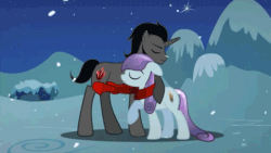 Size: 640x360 | Tagged: safe, artist:stasysolitude, derpibooru import, king sombra, sapphire joy, pony, unicorn, a tale of one shadow, animated, clothes, female, male, scarf, shipping, snow, snowfall, sombra's cutie mark, straight, younger, youtube, youtube link