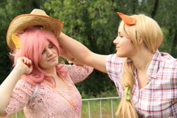 Size: 720x480 | Tagged: safe, artist:alissyachan, applejack, fluttershy, human, cosplay, irl, irl human, photo