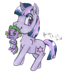 Size: 1016x1038 | Tagged: safe, artist:hollsterweelskitty, derpibooru import, spike, twilight sparkle, dragon, baby spike, filly, filly twilight sparkle