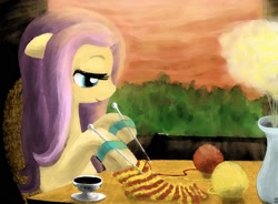 Size: 1632x1200 | Tagged: safe, artist:sigpi, fluttershy, pegasus, pony, female, knitting, mare, solo