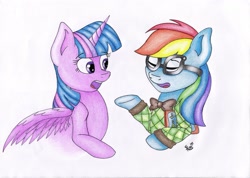 Size: 2311x1643 | Tagged: safe, artist:spirit-dude, derpibooru import, rainbow dash, twilight sparkle, twilight sparkle (alicorn), alicorn, pegasus, pony, book, female, glasses, mare, necktie, rainbow dork