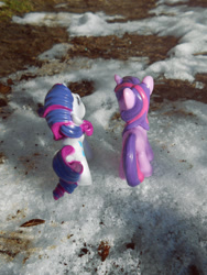 Size: 795x1060 | Tagged: safe, artist:synch-anon, derpibooru import, rarity, twilight sparkle, irl, photo, snow, toy, winter