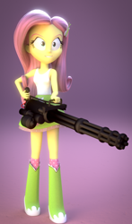 Size: 756x1282 | Tagged: safe, artist:3d thread, artist:borickrut, artist:creatorofpony, fluttershy, equestria girls, /mlp/, 3d, 3d model, arms, blender, boots, breasts, bust, clothes, crazy face, eyelashes, faic, female, fingers, grin, gun, hairpin, hand, holding, legs, long hair, minigun, open mouth, open smile, shirt, shrunken pupils, skirt, sleeveless, smiling, socks, standing, tanktop, teenager, teeth, wide eyes