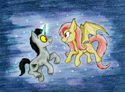 Size: 1024x750 | Tagged: safe, artist:wahyawolf, discord, fluttershy, discobat, discoshy, female, flutterbat, male, night, pony discord, shipping, straight, traditional art