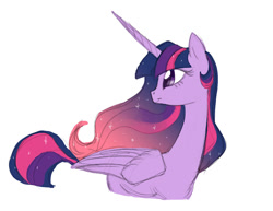 Size: 905x700 | Tagged: safe, artist:carnifex, derpibooru import, twilight sparkle, twilight sparkle (alicorn), alicorn, pony, ethereal mane, female, looking back, mare, older, simple background, smiling, solo, sparkles, ultimate twilight, white background