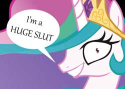 Size: 756x537 | Tagged: safe, artist:lil miss jay, princess celestia, alicorn, pony, dialogue, looking at you, princess molestia, slut, solo, tiara, vulgar, wide eyes