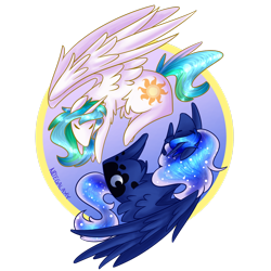 Size: 1024x1024 | Tagged: safe, artist:nitegalaxy, princess celestia, princess luna, alicorn, pony, eyes closed, spread wings, yin-yang