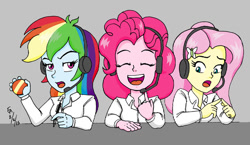 Size: 800x465 | Tagged: safe, artist:mayorlight, derpibooru import, fluttershy, pinkie pie, rainbow dash, equestria girls, call center, customer service, headphones