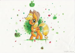 Size: 3507x2480 | Tagged: safe, artist:pumpkinkikile, applejack, earth pony, pony, apple, open mouth, smiling, solo, traditional art, wink