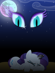 Size: 1662x2200 | Tagged: safe, artist:bootsyslickmane, nightmare moon, rarity, pony, unicorn, alternate timeline, fanfic, fanfic art, fanfic cover, lying down, magic suppression, moon, nightmare takeover timeline, stars