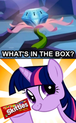 Size: 442x715 | Tagged: safe, derpibooru import, twilight sparkle, princess twilight sparkle (episode), meme, mystery box of plot importance, rainbow power, skittles, twiface, wrong neighborhood