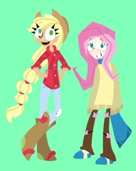 Size: 640x806 | Tagged: safe, artist:invaderzina, applejack, fluttershy, human, breasts, clothes, delicious flat chest, flattershy, humanized, skinny, sweater, sweatershy