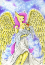 Size: 2446x3495 | Tagged: safe, artist:sinaherib, fluttershy, oc, oc:summer wind, angel, anthro, angelic wings, baby, clothes, dress, female, fluttermom, fluttershy the angel, guardian angel, heaven, high res, mama fluttershy, mother and child, mother and son, offspring, parent and child, parent:big macintosh, parent:fluttershy, parents:fluttermac, story in the comments, swaddling, traditional art