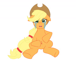 Size: 1800x1440 | Tagged: safe, artist:mylittleponbees, applejack, earth pony, pony, belly button, crying, floppy ears, looking at you, piercing, simple background, sitting, solo, white background