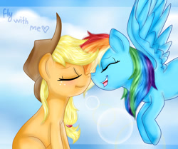 Size: 1024x856 | Tagged: safe, artist:lelka-philka, derpibooru import, applejack, rainbow dash, earth pony, pegasus, pony, appledash, boop, female, flying, heart, lesbian, noseboop, shipping, sitting, text