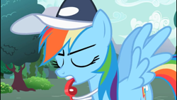 Size: 960x540 | Tagged: safe, derpibooru import, screencap, rainbow dash, pegasus, pony, may the best pet win, baseball cap, blowing, coach, eyes closed, hat, rainbow dashs coaching whistle, solo, teeth, whistle, whistle fetish, whistle necklace
