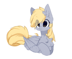 Size: 1161x963 | Tagged: safe, artist:little-sketches, derpy hooves, pegasus, pony, chest fluff, cute, derpabetes, ear fluff, eye clipping through hair, female, mare, ponyloaf, prone, simple background, solo