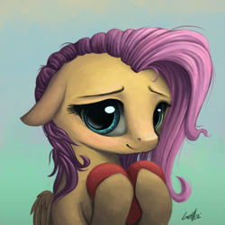 Size: 900x900 | Tagged: safe, artist:genbulein, fluttershy, pegasus, pony, bust, floppy ears, heart, holding, looking at you, portrait, smiling, solo