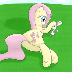 Size: 3500x3500 | Tagged: safe, artist:fauzart, angel bunny, fluttershy, pegasus, pony, grass, petting, plot