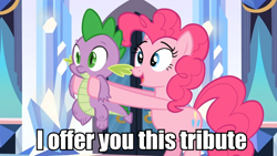 Size: 960x540 | Tagged: safe, screencap, pinkie pie, spike, dragon, earth pony, pony, image macro, meme