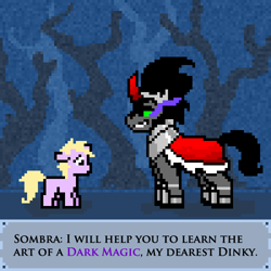 Size: 600x600 | Tagged: safe, artist:gela-g-i-s-gela, derpibooru import, dinky hooves, king sombra, pony, unicorn, dark magic, floppy ears, magic, pixel art, sombra eyes, teacher