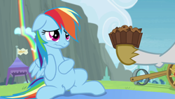 Size: 800x450 | Tagged: safe, derpibooru import, screencap, rainbow dash, pegasus, pony, rainbow falls, apple brown betty (food), belly, food