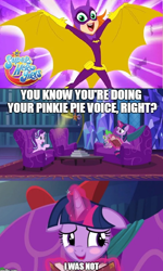 Size: 498x828 | Tagged: safe, edit, edited screencap, screencap, spike, starlight glimmer, twilight sparkle, twilight sparkle (alicorn), alicorn, human, pony, a hearth's warming tail, batgirl, blushing, book, caption, dc comics, dc superhero girls, floppy ears, image macro, library, sofa, tara strong, text, twilight's castle, twilight's castle library, voice actor joke