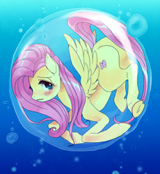 Size: 667x725 | Tagged: safe, artist:pasikon, fluttershy, pegasus, pony, blushing, bubble, solo, underhoof, underwater, watershy