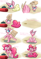 Size: 3500x5000 | Tagged: safe, artist:madacon, pinkie pie, human, assembly, comic, cute, diapinkes, disembodied head, doll, living object, living toy, petting, plushie, scissors