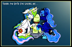 Size: 1024x675 | Tagged: safe, artist:bluebrogue, princess celestia, princess luna, oc, oc:anon, human, copic, eyes closed, hug, nuzzling, sad, sitting, smiling, thank you, traditional art