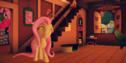 Size: 3000x1500 | Tagged: safe, artist:sparkiss-pony, derpy hooves, fluttershy, pinkie pie, pegasus, pony, 3d, fluttershy's cottage, mmd