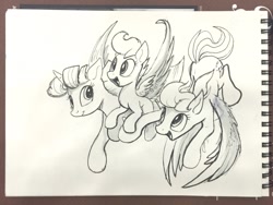 Size: 1280x960 | Tagged: safe, artist:tsitra360, derpibooru import, rainbow dash, scootaloo, twilight sparkle, twilight sparkle (alicorn), alicorn, pegasus, pony, family, female, flying, lesbian, mare, monochrome, scootalove, shipping, sketch, traditional art, twidash