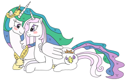 Size: 3024x1914 | Tagged: safe, artist:supahdonarudo, derpibooru import, fleur-de-lis, princess celestia, alicorn, pony, blushing, female, fleurestia, hug, lesbian, prone, shipping, simple background, snuggling, transparent background, wing blanket, winghug