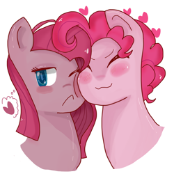 Size: 1024x1024 | Tagged: safe, artist:megaimpact, bubble berry, pinkie pie, earth pony, pony, :<, blushing, bubblepie, eyes closed, female, frown, heart, male, nuzzling, pinkamena diane pie, rule 63, self ponidox, selfcest, shipping, smiling, squishy cheeks, straight, thought bubble, tsunderamena, tsundere, wink