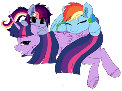 Size: 1280x954 | Tagged: safe, artist:saphi-boo, derpibooru import, rainbow dash, twilight sparkle, twilight sparkle (alicorn), oc, oc:aurora sparkle, alicorn, pegasus, pony, :3, cuddling, cute, dashabetes, ear bite, family, female, lesbian, magical lesbian spawn, mama dash, mama twilight, mare, nom, ocbetes, offspring, parent:rainbow dash, parent:twilight sparkle, parents:twidash, pony pile, shipping, smiling, snuggling, twiabetes, twidash, weapons-grade cute