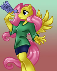 Size: 500x626 | Tagged: safe, artist:darkpenguin, fluttershy, anthro, pegasus, female, pink hair, solo, wings, yellow coat