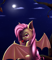 Size: 1600x1850 | Tagged: safe, artist:monteruis, fluttershy, apple, fangs, flutterbat, night, solo, tree