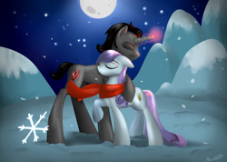 Size: 1024x731 | Tagged: safe, artist:alicjaspring, derpibooru import, king sombra, sapphire joy, crystal pony, pony, unicorn, a tale of one shadow, amber leaf, clothes, couple, hug, moon, night, scarf, shadow, shipping, snow, snowfall, sombra's cutie mark