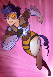 Size: 695x1000 | Tagged: safe, artist:professor-ponyarity, rarity, human, character to character, crossover, female, human to pony, overwatch, running, simple background, solo, speed lines, tracer, transformation, video game, wat