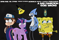 Size: 2316x1601 | Tagged: safe, artist:supermaster10, derpibooru import, twilight sparkle, bad fanfic, bill cipher, crossover, dipper pines, gravity falls, journal #3, mass crossover, mordecai, regular show, sheldon j. plankton, spongebob squarepants, this will not end well