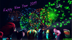 Size: 1287x725 | Tagged: safe, artist:jojobibou, derpibooru import, applejack, fluttershy, pinkie pie, rainbow dash, rarity, tempest shadow, twilight sparkle, earth pony, pegasus, pony, unicorn, 3d, fireworks, mane six