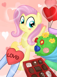 Size: 600x810 | Tagged: safe, artist:obcor, fluttershy, pegasus, pony, bouquet, chocolate, female, fluttershy gets all the mares, fluttershy gets all the stallions, hearts and hooves day, mare, offscreen character, solo