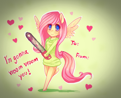 Size: 792x642 | Tagged: safe, artist:liliumena, fluttershy, anthro, ambiguous facial structure, chainsaw, clothes, crossover, fluttershed, lollipop chainsaw, solo, sweatershy