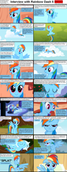 Size: 1282x3304 | Tagged: safe, derpibooru import, rainbow dash, pegasus, pony, comic:celestia's servant interview, book, caption, cloud, comic, cs captions, featureless crotch, female, hoofy-kicks, injured, interview, lying down, mare, on back, patch, pillow, reading