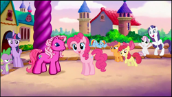 Size: 1280x720 | Tagged: safe, derpibooru import, edit, edited screencap, screencap, apple bloom, pinkie pie, pinkie pie (g3), rainbow dash, rarity, scootaloo, spike, sweetie belle, twilight sparkle, twilight sparkle (alicorn), alicorn, dragon, earth pony, pegasus, pony, unicorn, g3, confused, cutie mark crusaders, generational ponidox, happy, meet the ponies, scared, unamused, varying degrees of want