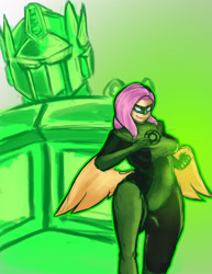 Size: 2550x3300 | Tagged: safe, artist:checkerboardazn, fluttershy, human, bodysuit, breasts, crossover, dc comics, female, green lantern, hootershy, humanized, light skin, optimus prime, solo, transformers, winged humanization