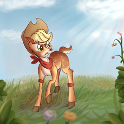 Size: 2000x2000 | Tagged: safe, artist:discorded, applejack, deer, bandana, deerified, solo, species swap